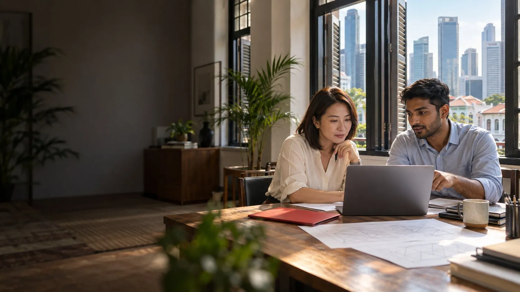 Two business owners reviewing plans on a laptop in a Singapore shophouse office